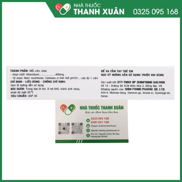 Thuốc Alzental 400mg điều trị nhiễm giun (1 vỉ x 1 viên)